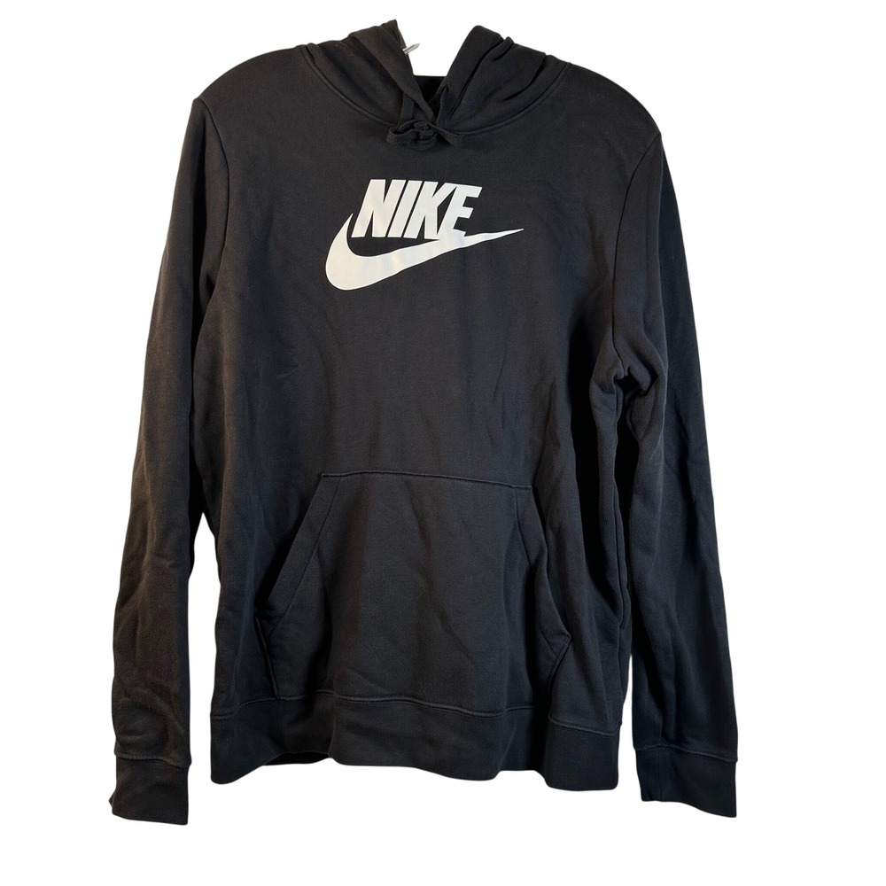 Nike Sportswear Club Fleece Pullover Hoodie Black White Logo Mens Large